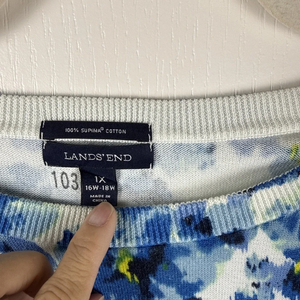 Lands' End Supima Cotton Crewneck Sweater 1X Blue Floral Plus Size Knit